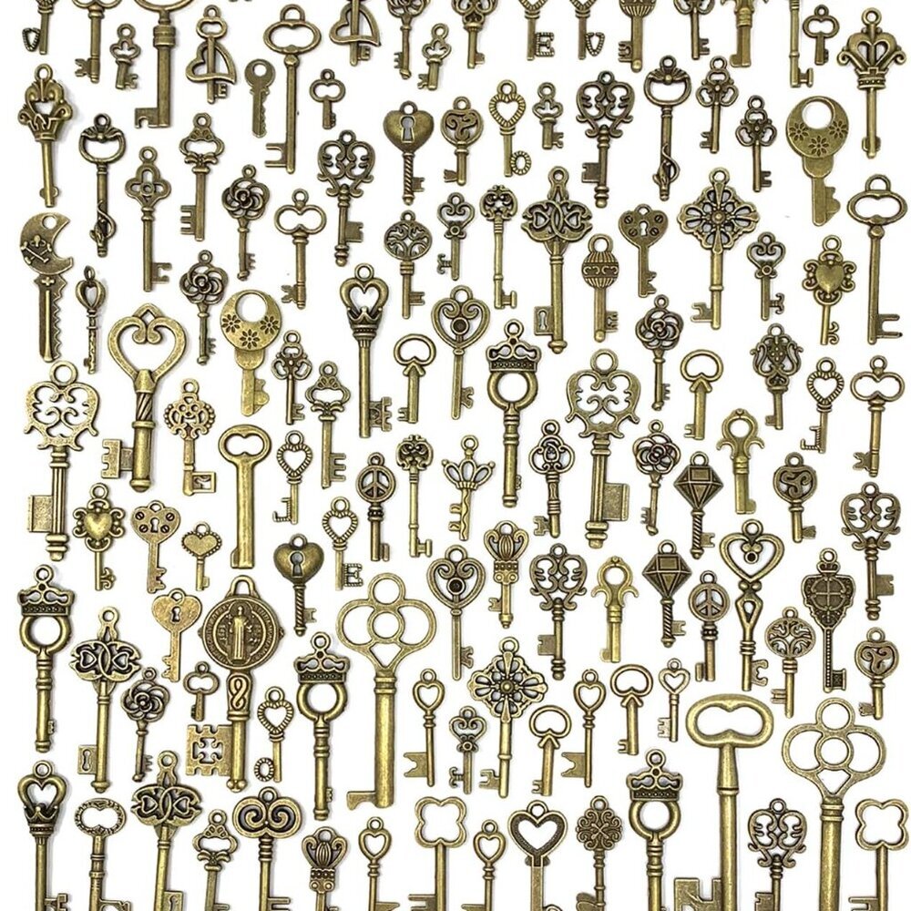 125 PCS Vintage Skeleton Key Set Charms, Mixed Antique Style Bronze Brass for Pe